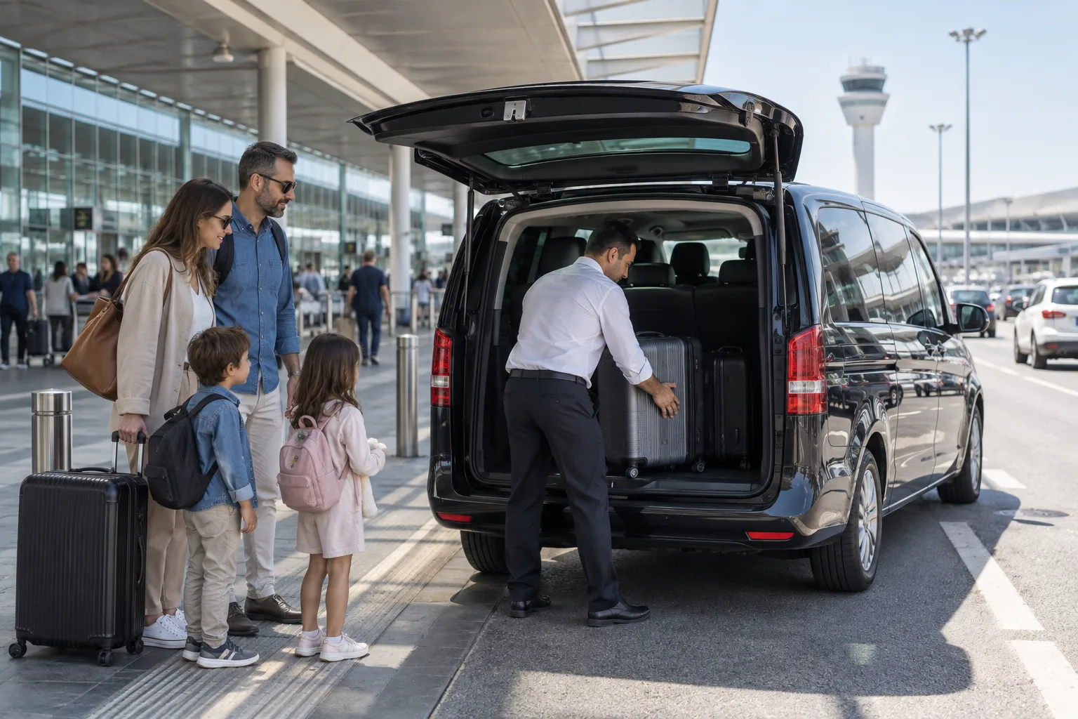 Havalimanında aile bagajlarını araca yerleştiren transfer görevlisi